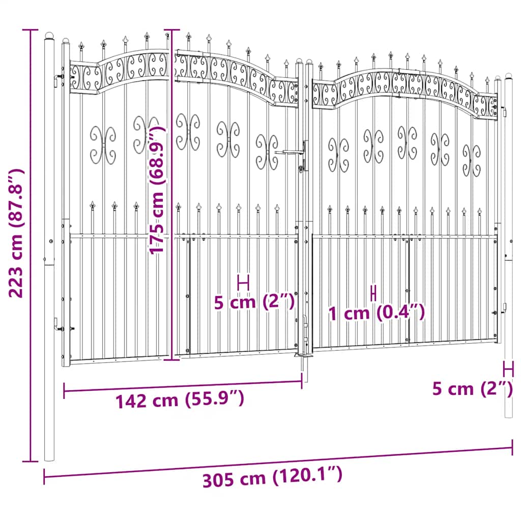 Zauntor mit Speerspitze Schwarz 305 x 175 cm Pulverbeschichteter Stahl