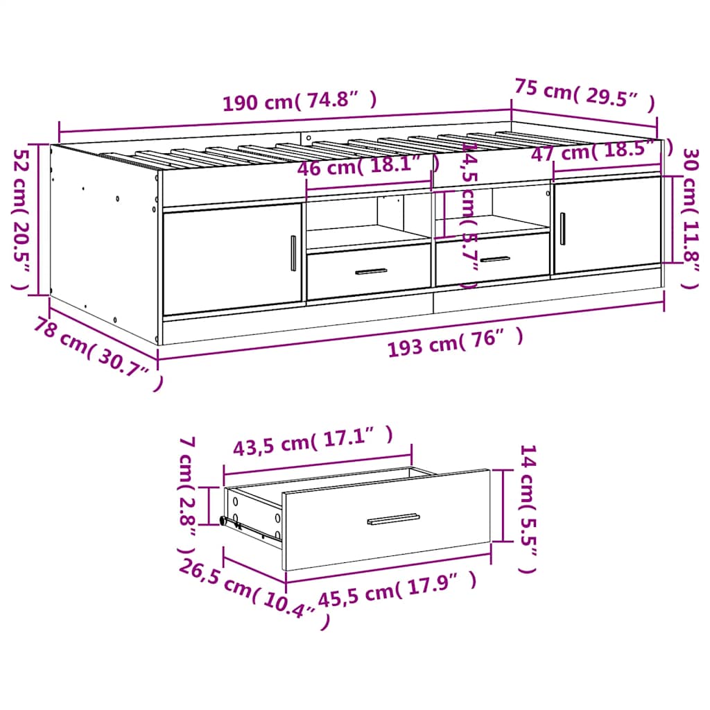 Tagesbett mit Schubladen ohne Matratze Betongrau 75x190 cm