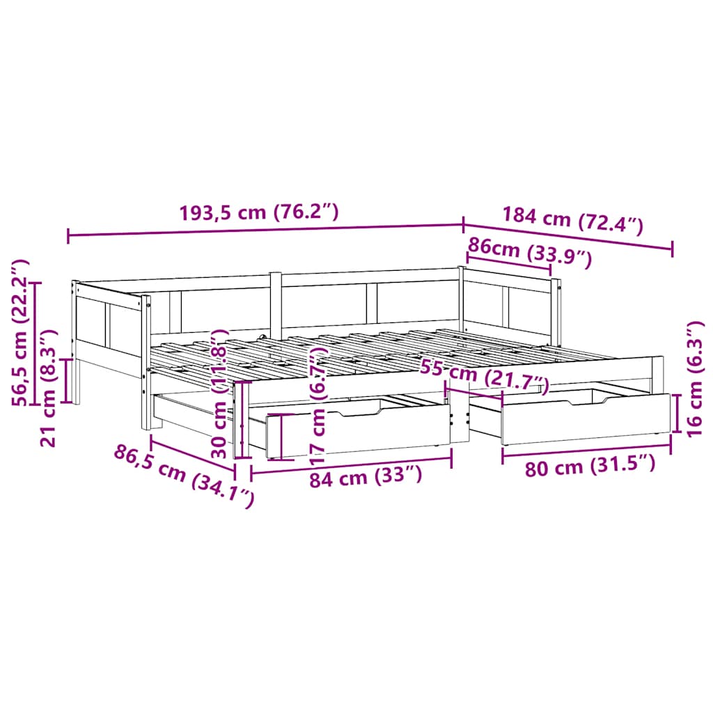 Tagesbett Ausziehbar mit Schubladen ohne Matratze 90x190 cm