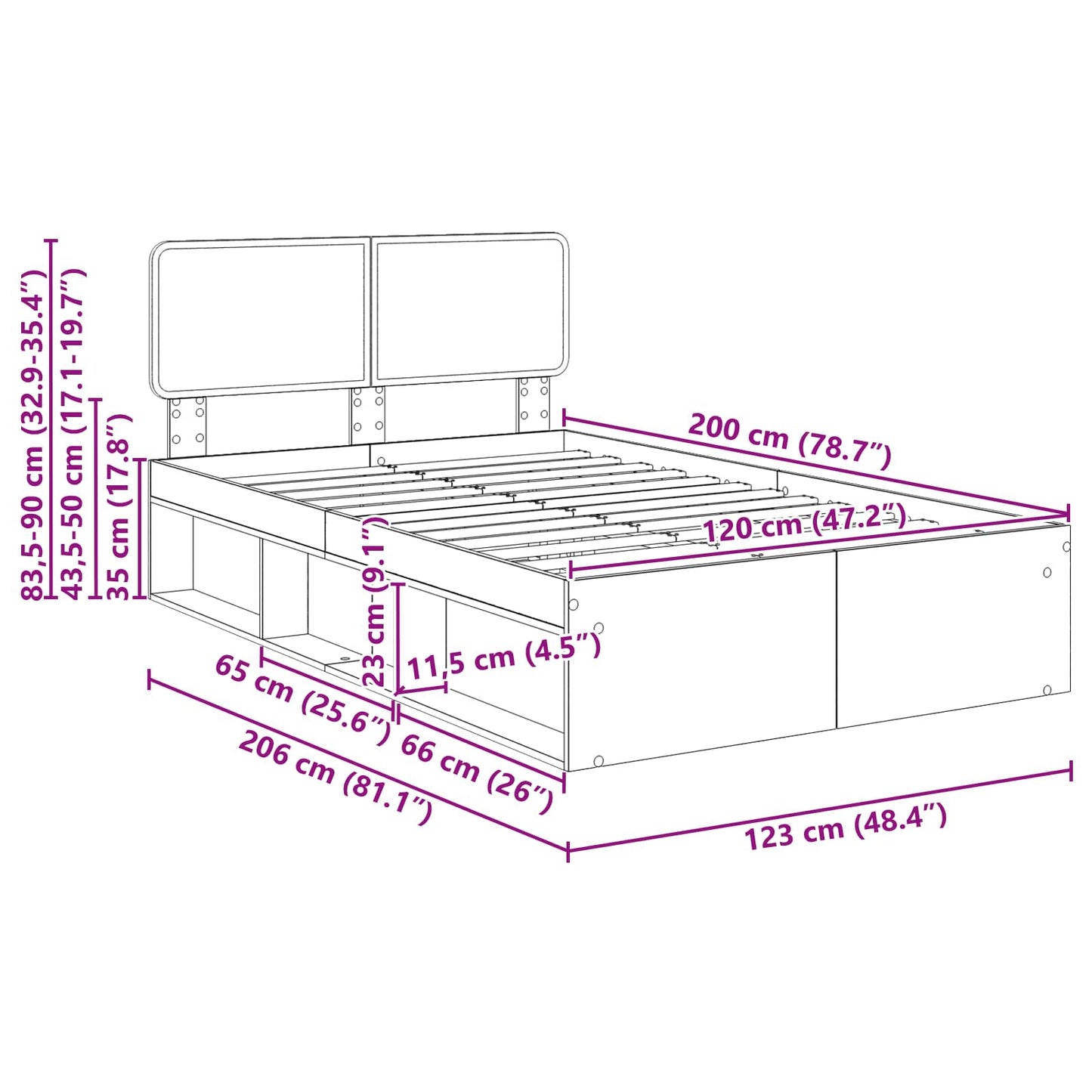 Bettrahmen mit Kopfteil Beton 120 x 200 cm Massives Kiefernholz