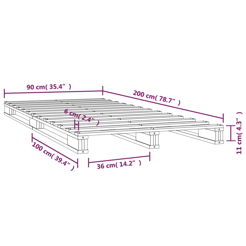 Palettenbett 90x200 cm Massivholz Kiefer