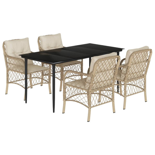 5-tlg. Garten-Essgruppe mit Kissen Beige Poly Rattan