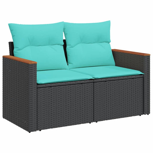 Gartensofa mit Kissen 2-Sitzer Schwarz Poly Rattan