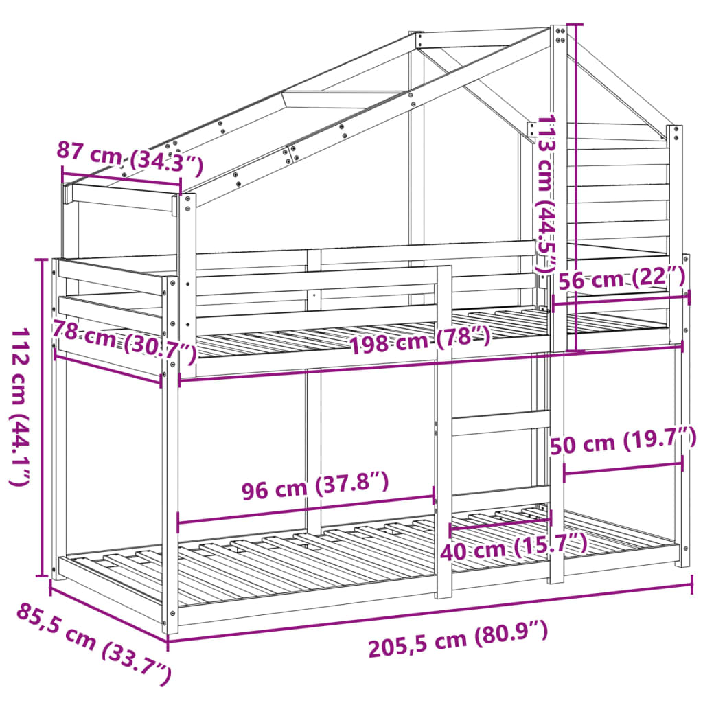 Etagenbett mit Dach 80x200 cm Massivholz Kiefer