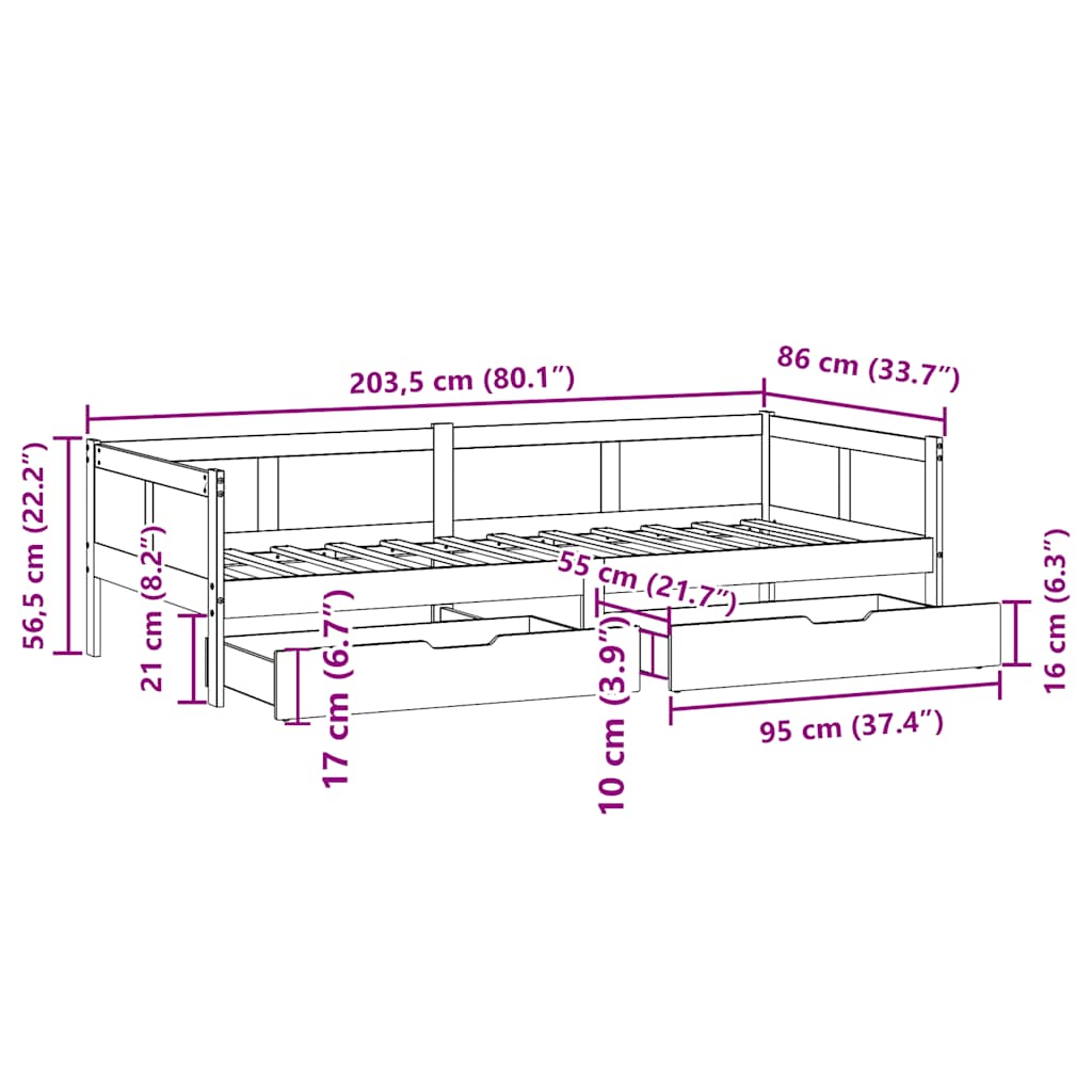 Tagesbett mit Schubladen 80x200 cm Massivholz Kiefer