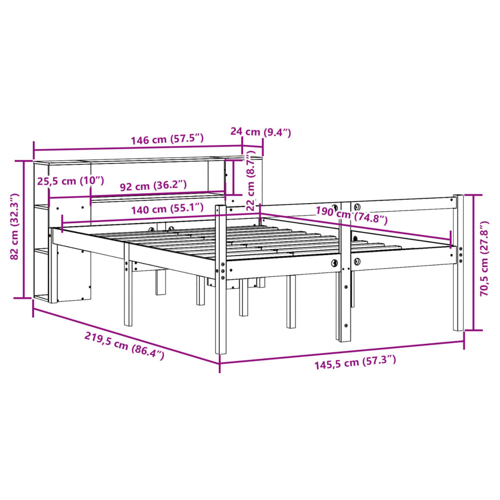 Massivholzbett mit Regal ohne Matratze Weiß 140x190 cm Kiefer