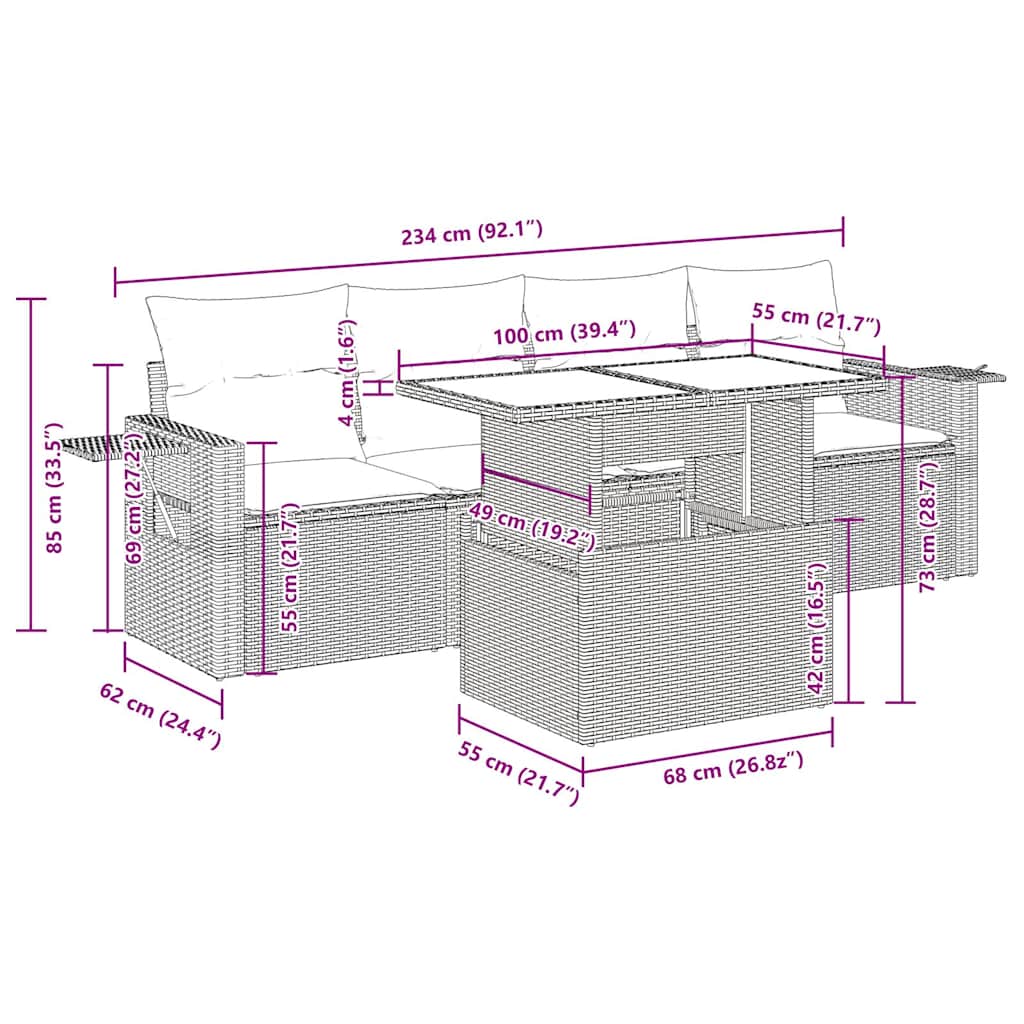 5tlg. Garten-Sofagarnitur mit Kissen Schwarz Poly Rattan Akazie
