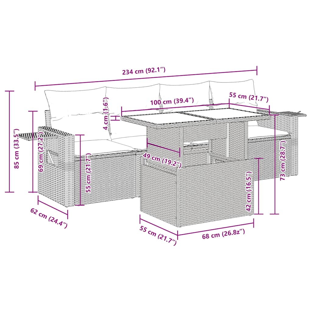 5-tlg. Garten-Sofagarnitur mit Kissen Braun Poly Rattan Akazie