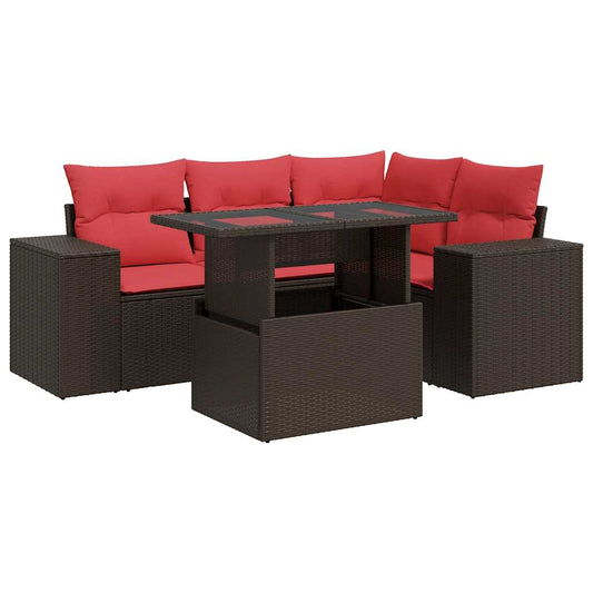 5-tlg. Garten-Sofagarnitur mit Kissen Braun Poly Rattan