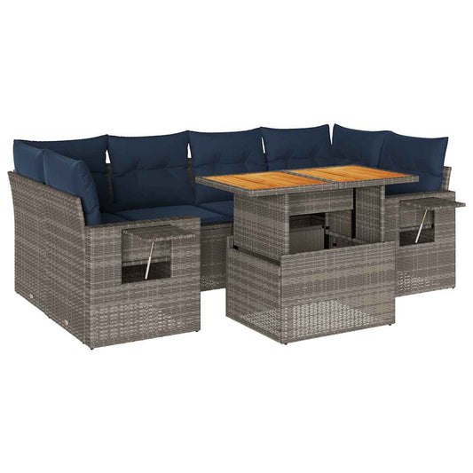 7-tlg. Garten-Sofagarnitur mit Kissen Grau Poly Rattan
