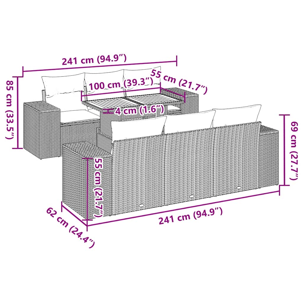 7-tlg. Garten-Sofagarnitur mit Kissen Grau Poly Rattan