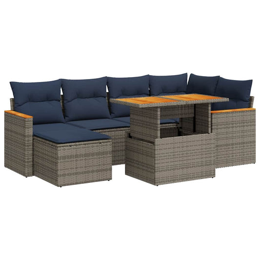 7-tlg. Garten-Sofagarnitur mit Kissen Grau Poly Rattan