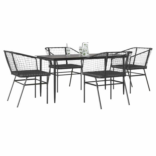 5-tlg. Garten-Essgruppe mit Kissen Schwarz Poly Rattan Glas