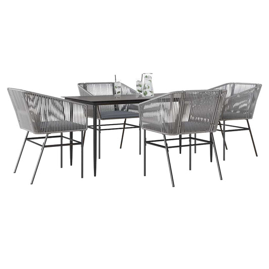 5-tlg. Garten-Essgruppe mit Kissen Grau Poly Rattan Glas