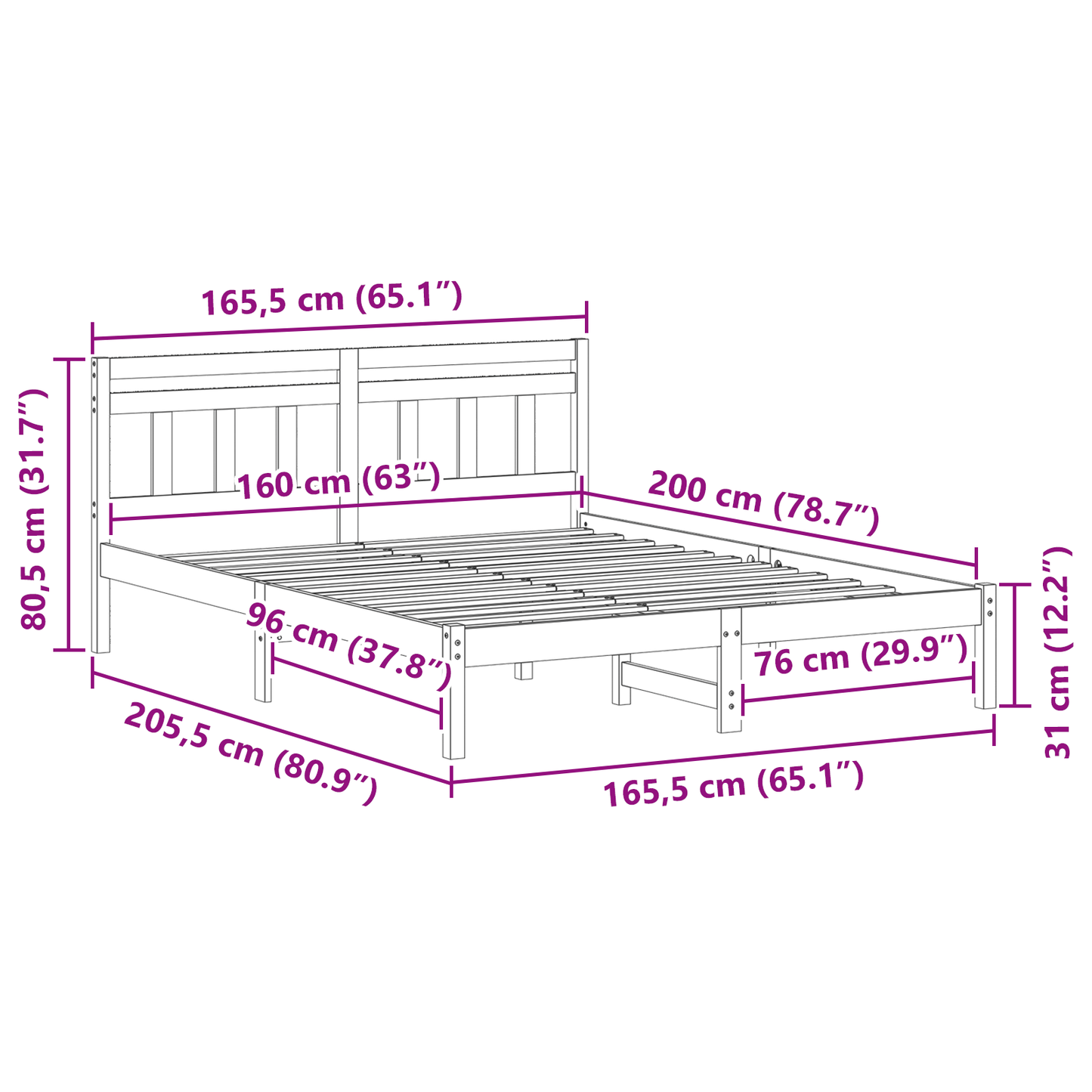 Bettgestell mit Kopfteil Weiß Massivholz Kiefer