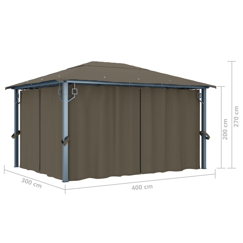Pavillon mit Vorhängen & LED-Lichterkette 400x300 cm Taupe Alu