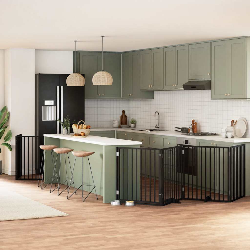 8-tlg. Hundetor mit Tür Faltbar Schwarz 640 cm Pappelholz