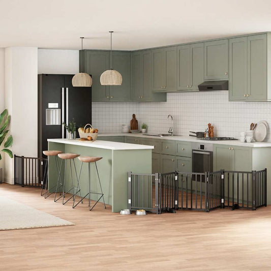 9-tlg. Hundetor mit Tür Faltbar Schwarz 450 cm Pappelholz