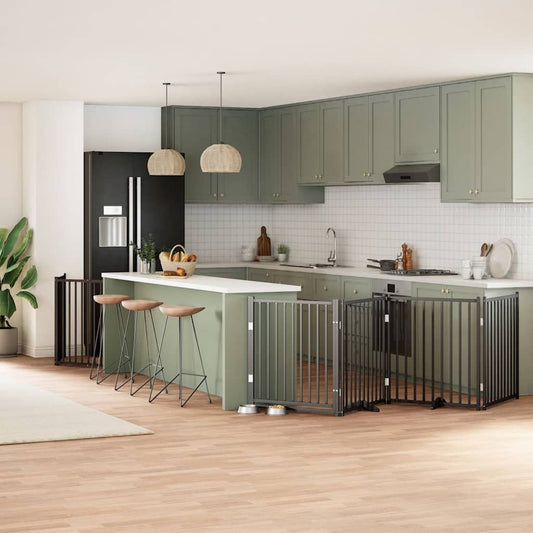 8-tlg. Hundetor mit Tür Faltbar Schwarz 640 cm Pappelholz