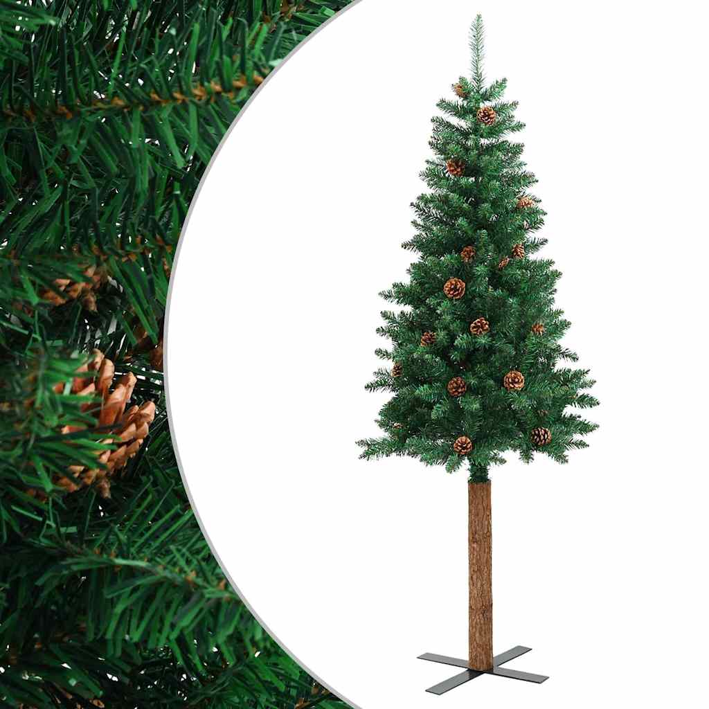 Weihnachtsbaum Schlank mit Echtholz und Zapfen Grün 150 cm PVC