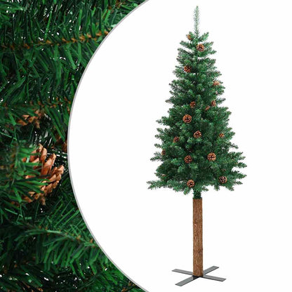 Weihnachtsbaum Schlank mit Echtholz und Zapfen Grün 150 cm PVC