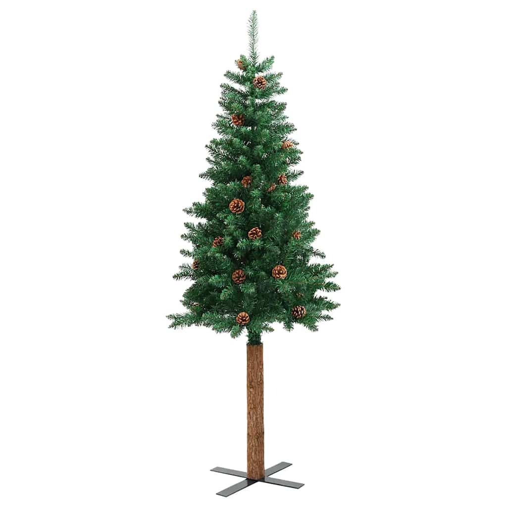 Weihnachtsbaum Schlank mit Echtholz und Zapfen Grün 150 cm PVC