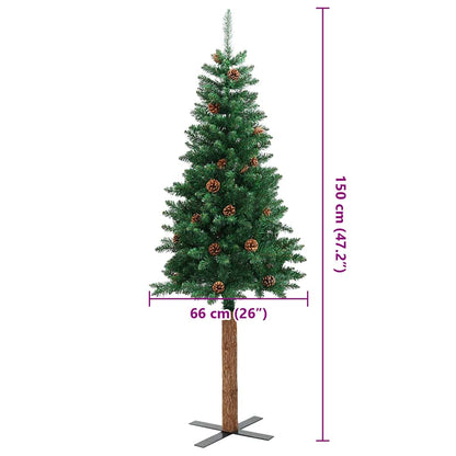 Weihnachtsbaum Schlank mit Echtholz und Zapfen Grün 150 cm PVC