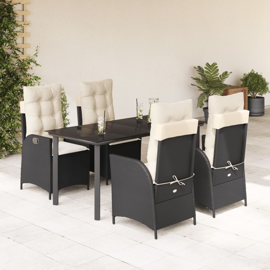 5-tlg. Garten-Essgruppe mit Kissen Schwarz Poly Rattan
