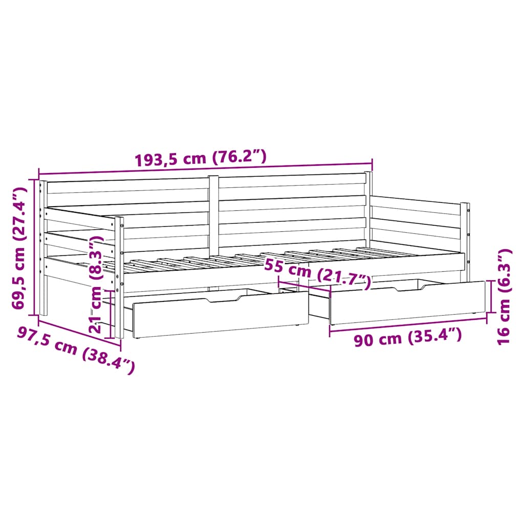 Tagesbett mit Schubladen 90x190 cm Massivholz Kiefer