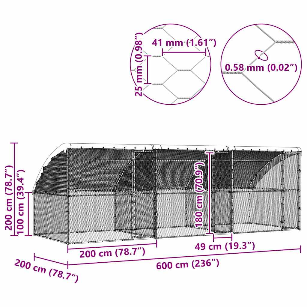 Hühnerkäfig 3 pcs Silber 600 x 200 x 198,5 cm Verzinkter Stahl