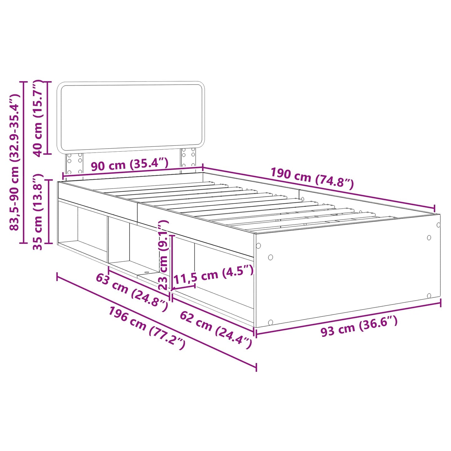 Bettrahmen Beton Grau 90 x 190 cm Massives Kiefernholz