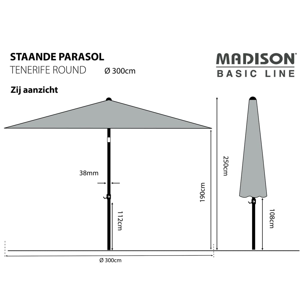 Madison Sonnenschirm Tenerife 300 cm Rund Grau