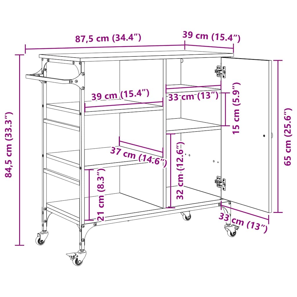 Küchentrolley Schwarz Eichen-Optik 87,5 x 39 x 84,5 cm