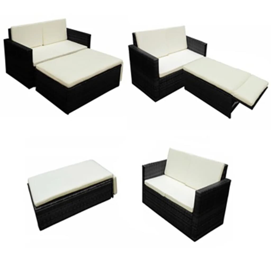 2-tlg. Garten-Lounge-Set mit Kissen Poly Rattan Schwarz