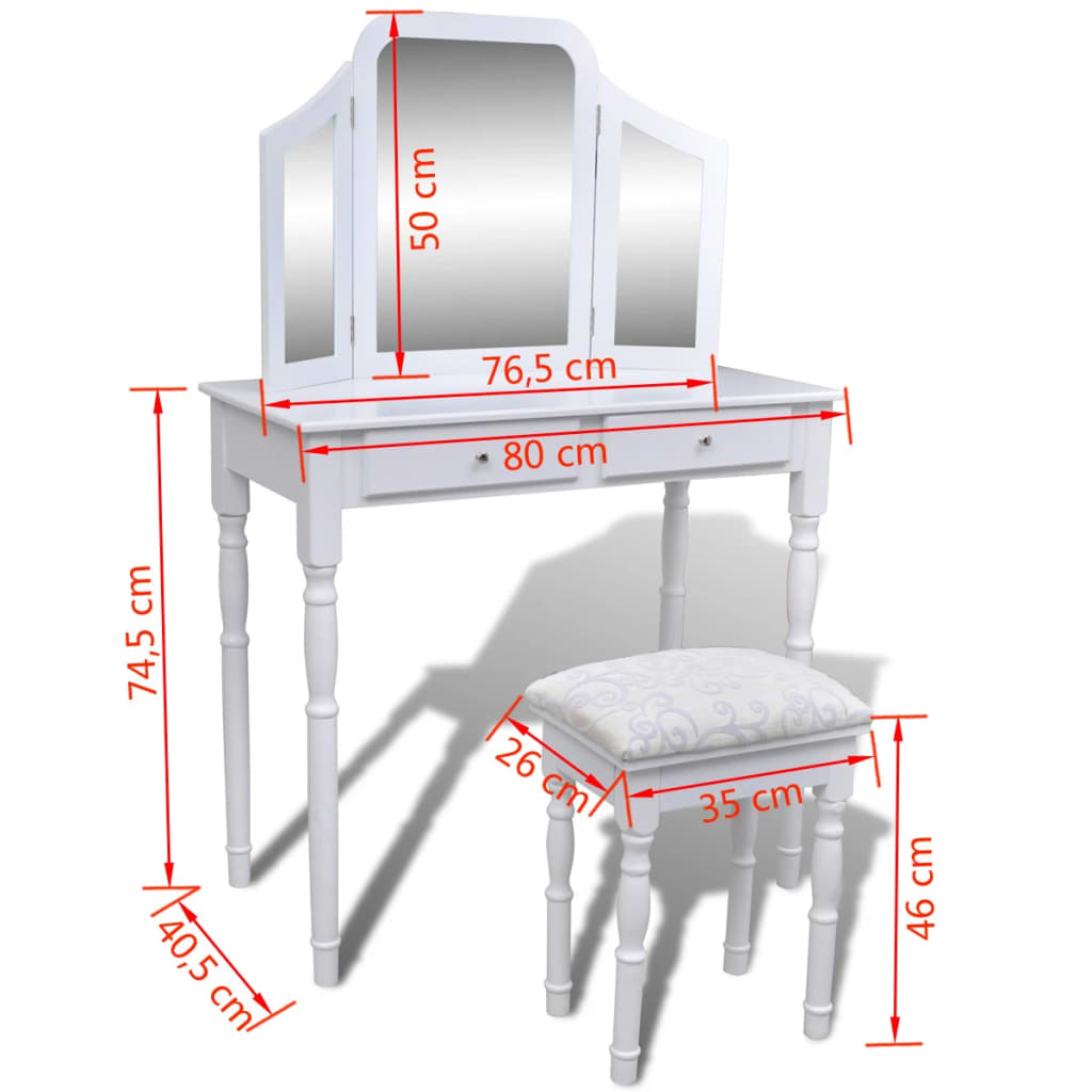 Schminktisch mit 3-in-1 Spiegel und Hocker 2 Schubladen Weiß