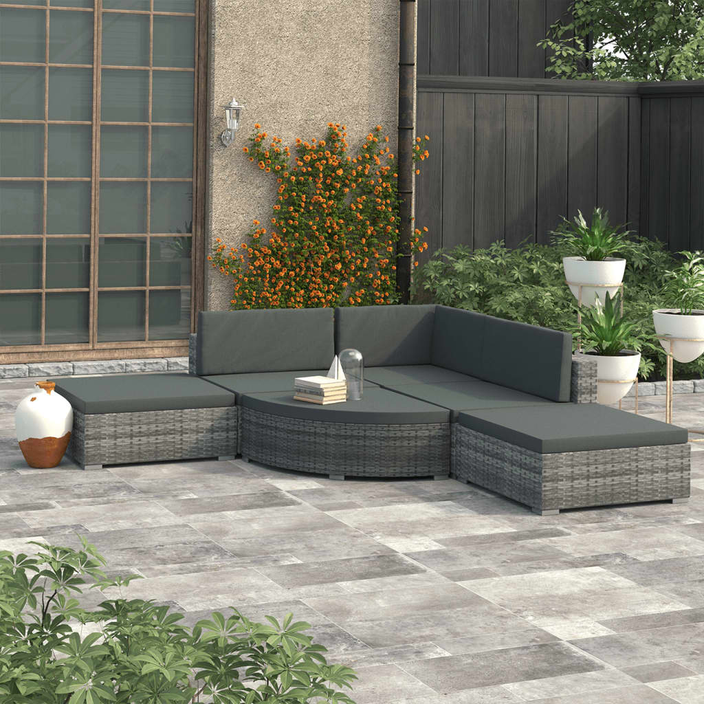6-tlg. Garten-Lounge-Set mit Kissen Poly Rattan Grau