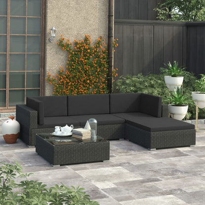 5-tlg. Garten-Lounge-Set mit Kissen Poly Rattan Schwarz