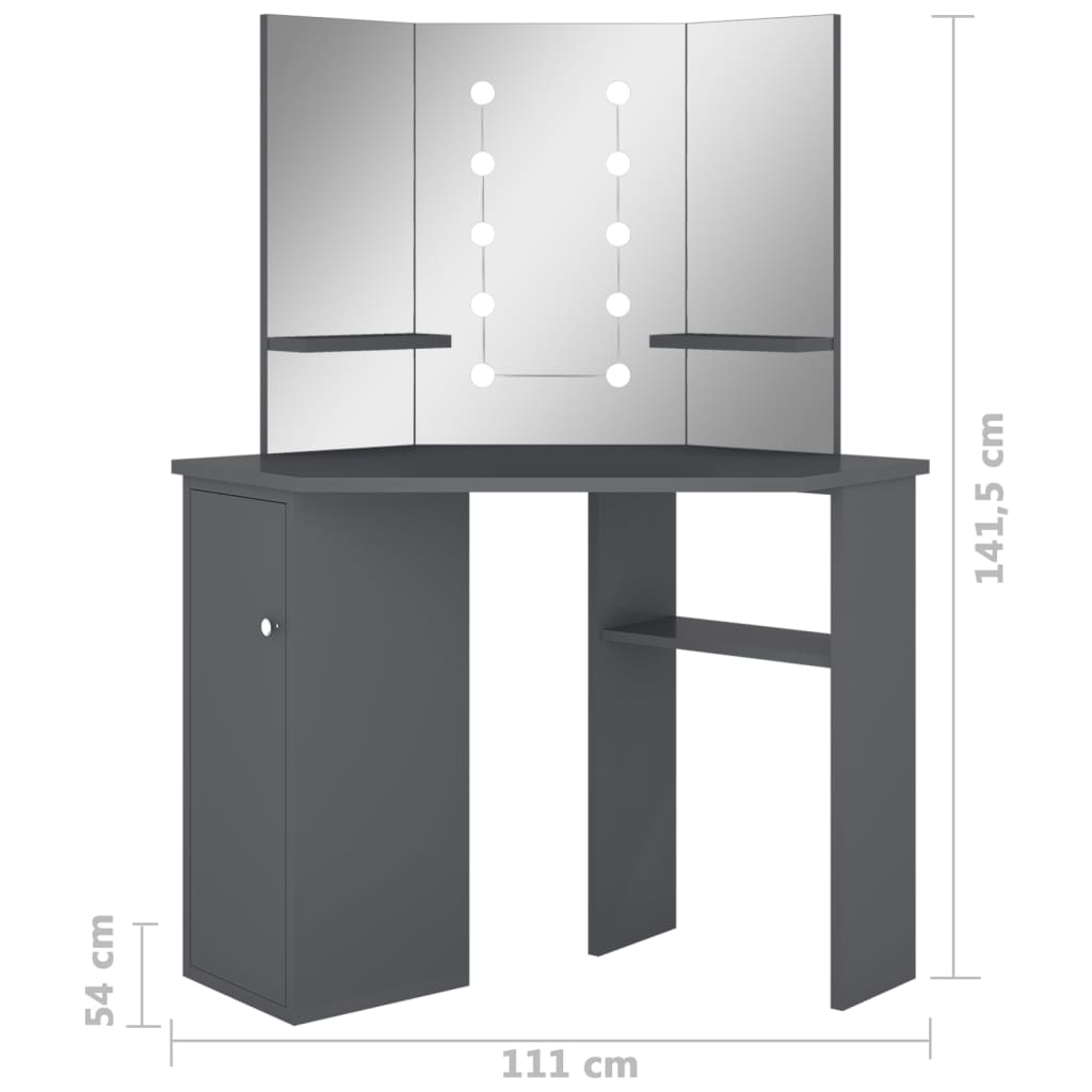 Eck-Schminktisch mit LED Grau 111x54x141,5 cm