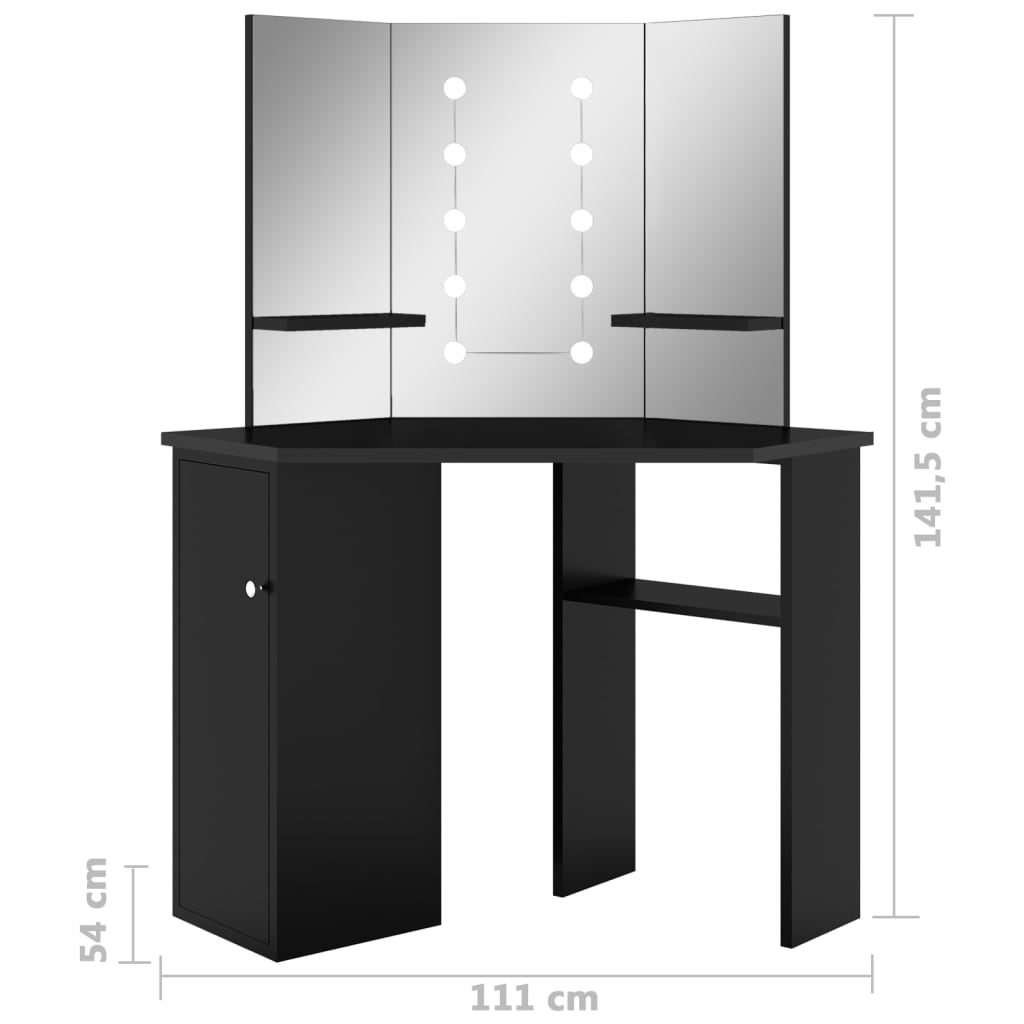 Eck-Schminktisch mit LED Schwarz 111x54x141,5 cm