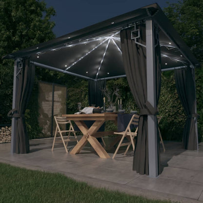 Pavillon mit Vorhängen & LED-Lichterkette 3x3 m Anthrazit Alu