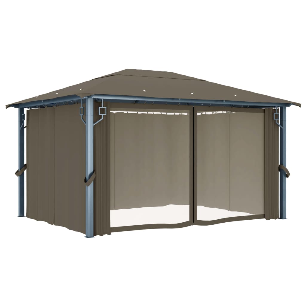Pavillon mit Vorhängen & LED-Lichterkette 400x300 cm Taupe Alu