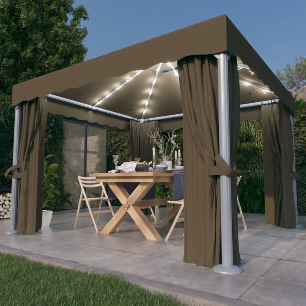 Pavillon mit Vorhängen & LED-Lichterkette 3x3 m Taupe