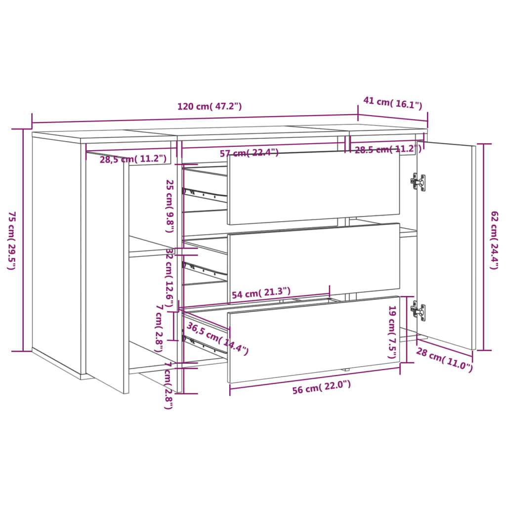 Sideboard mit 3 Schubladen Räuchereiche 120x41x75 cm