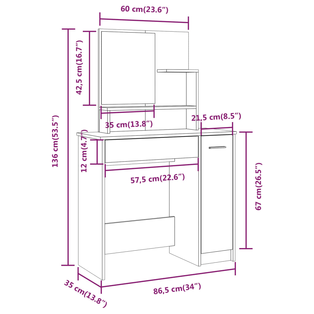 Schminktisch-Set Räuchereiche 86,5x35x136 cm