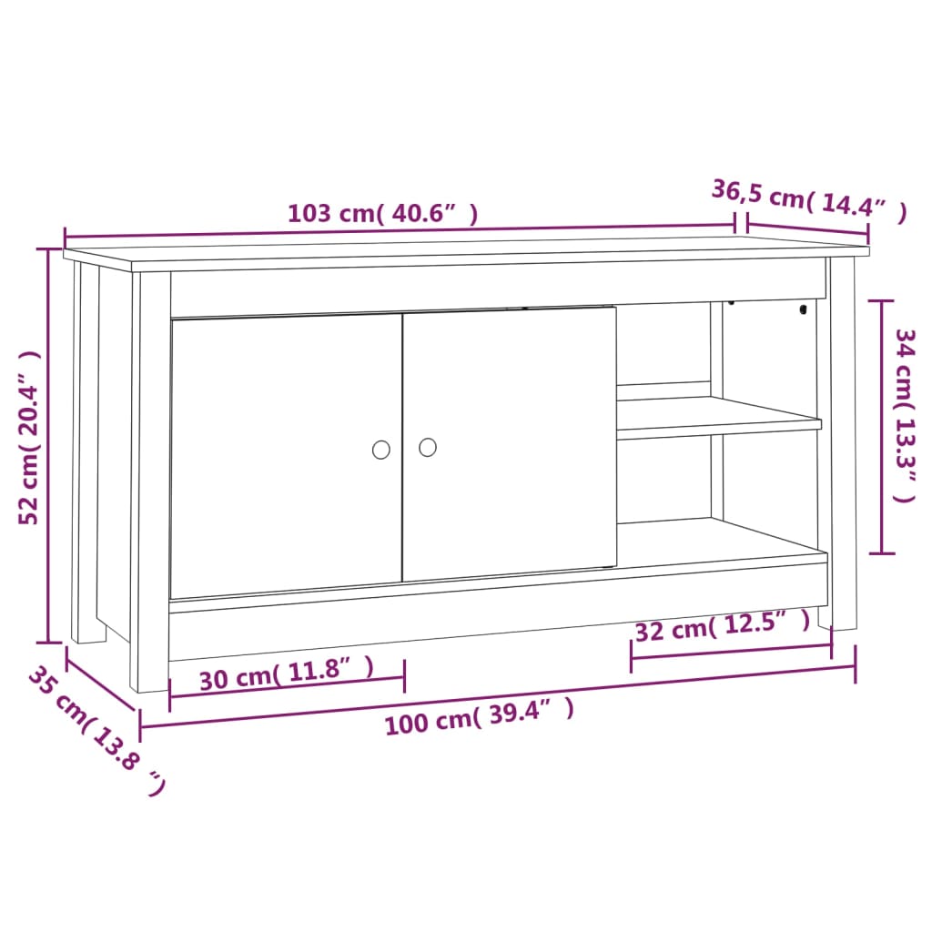 TV-Schrank Weiß 103x36,5x52 cm Massivholz Kiefer