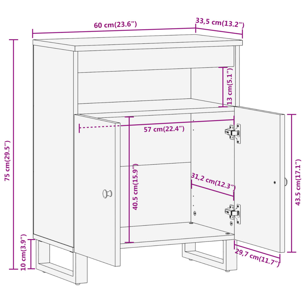 Beistellschrank Braun und Schwarz 60x33,5x75cm Massivholz Mango