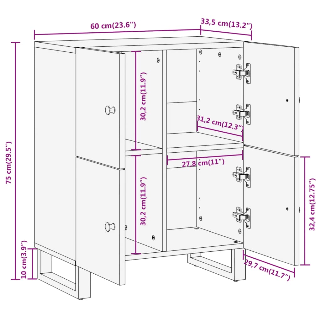 Beistellschrank Braun und Schwarz 60x33,5x75cm Massivholz Mango