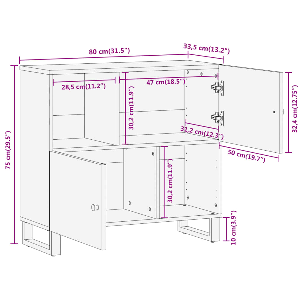 Beistellschrank Braun und Schwarz 80x33,5x75 Massivholz Mango