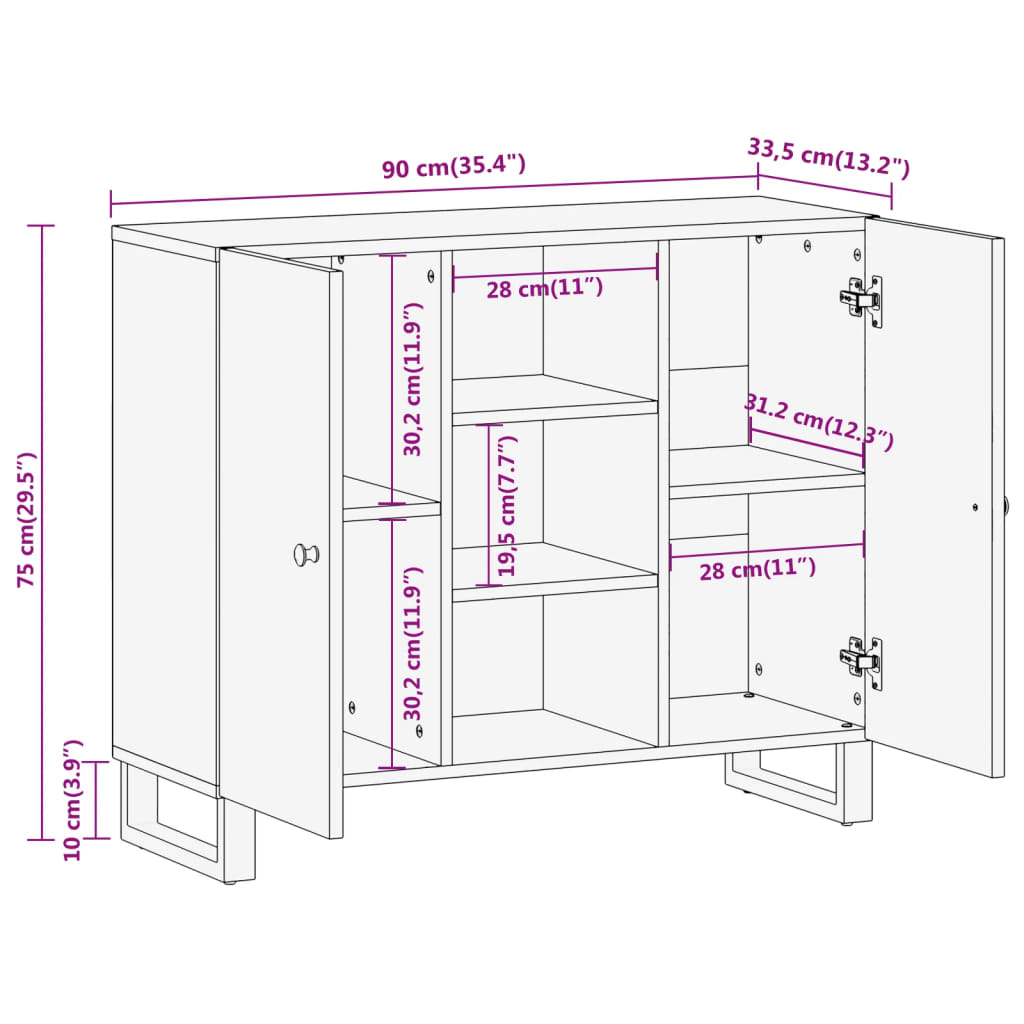 Beistellschrank Braun und Schwarz 90x33,5x75 Massivholz Mango