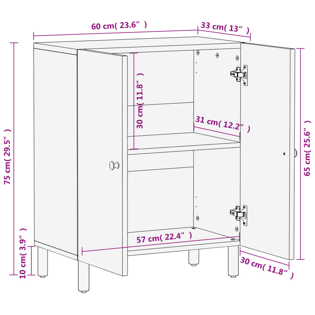 Beistellschrank Schwarz 60x33x75 cm Massivholz Mango